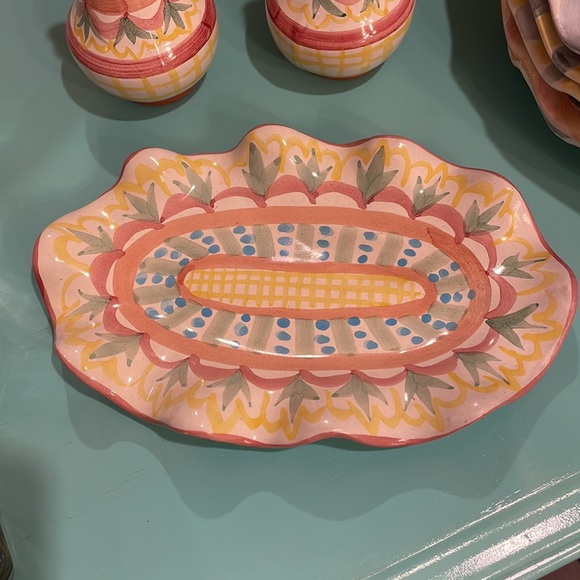 MacKenzie-Childs salt and pepper, shaker, and dish. Madison, Taylor pattern - Picture 2 of 6